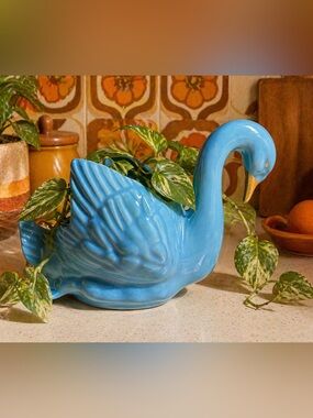 Vintage Porcelain Swan Planter Turquoise Blue w/ Gold Accents MCM
